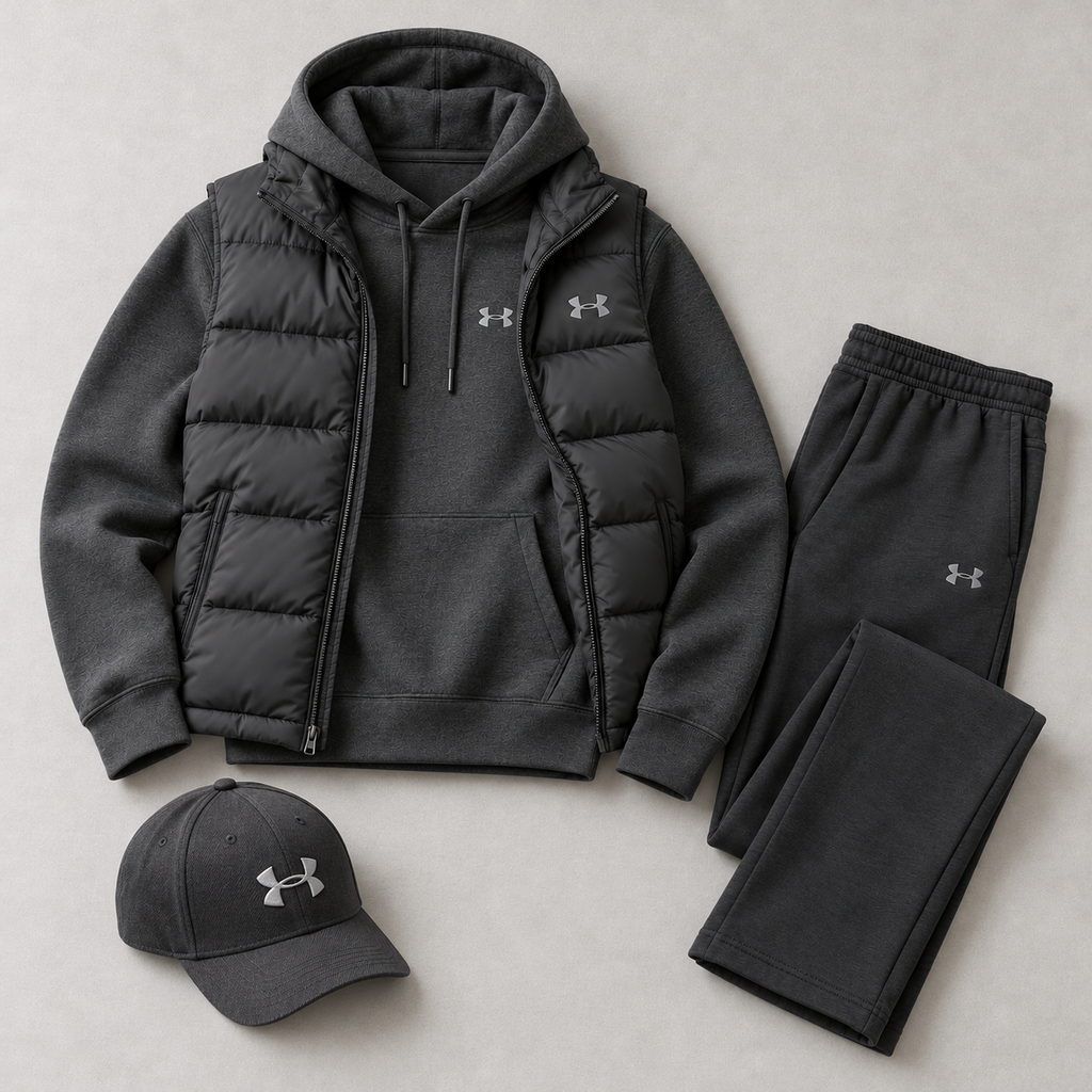 Men's Puffer Vest, Hoodie, Straight-Leg Sweatpants & Cap 4-Piece Winter Outfit Set