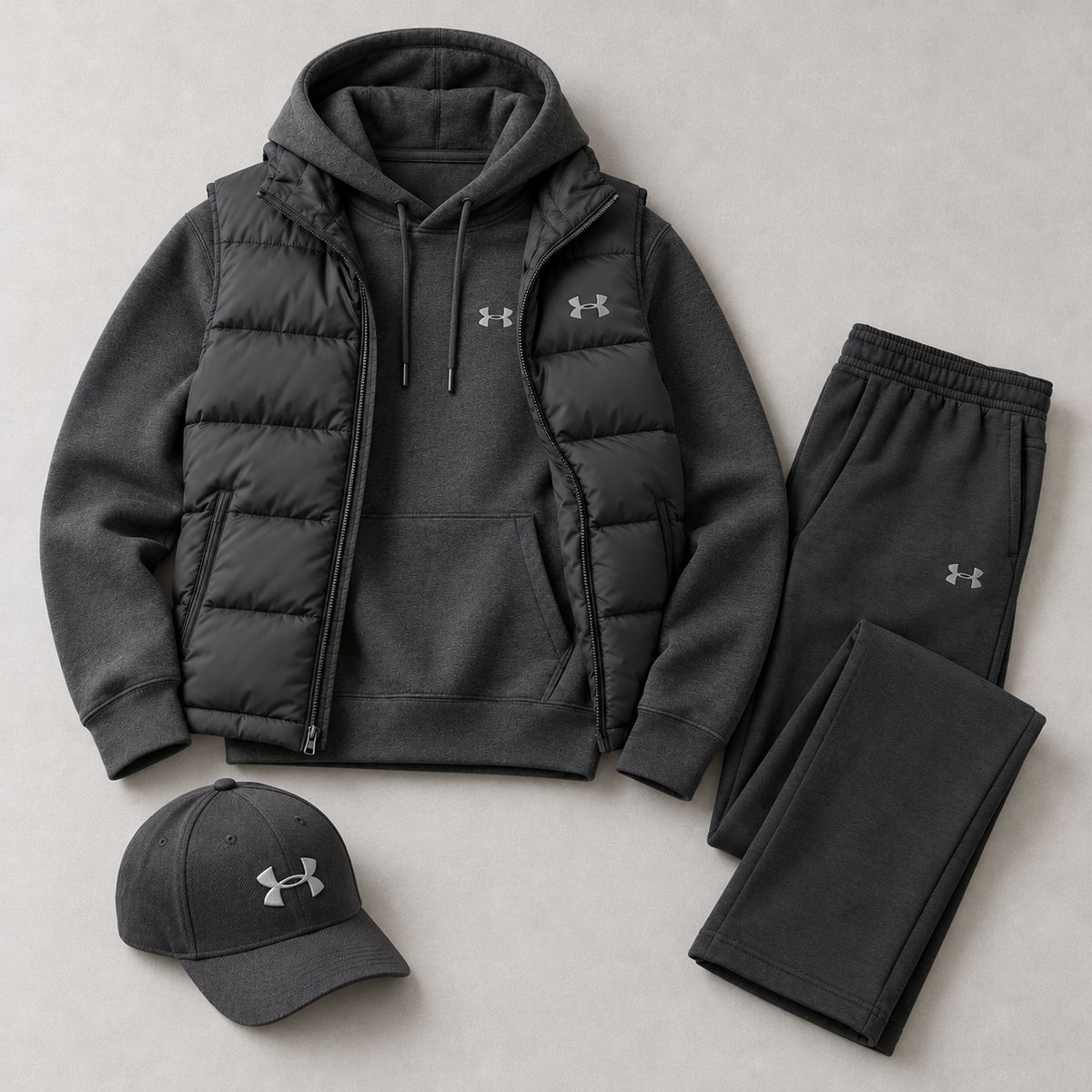 Men's Puffer Vest, Hoodie, Straight-Leg Sweatpants & Cap 4-Piece Winter Outfit Set