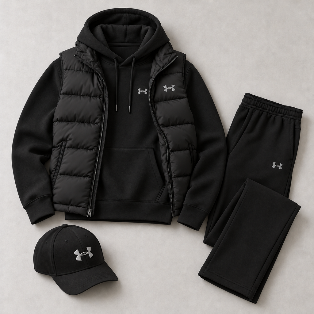 Men's Puffer Vest, Hoodie, Straight-Leg Sweatpants & Cap 4-Piece Winter Outfit Set