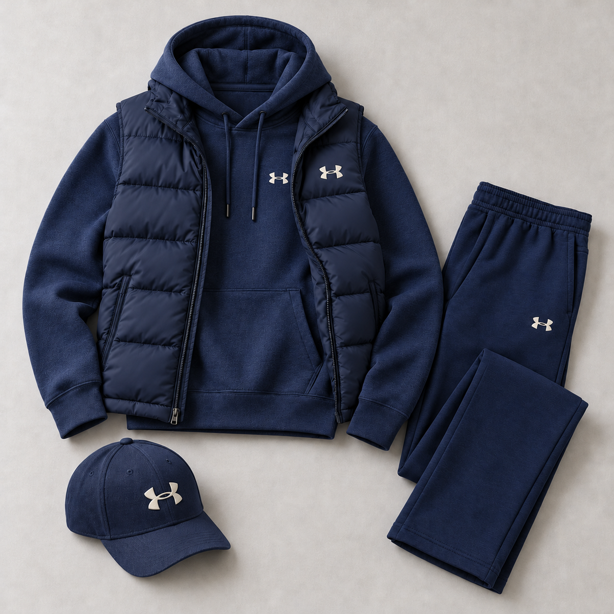 Men's Puffer Vest, Hoodie, Straight-Leg Sweatpants & Cap 4-Piece Winter Outfit Set