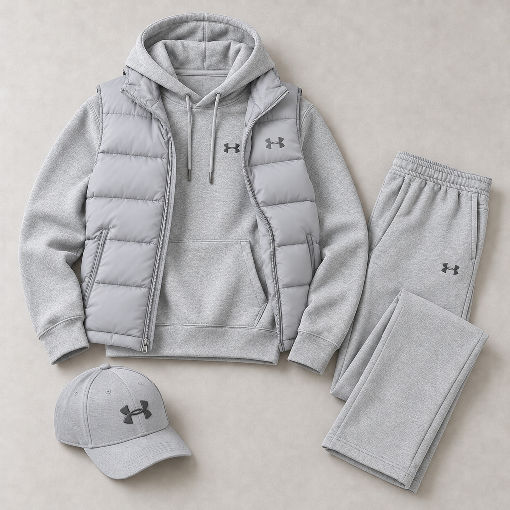 Men's Puffer Vest, Hoodie, Straight-Leg Sweatpants & Cap 4-Piece Winter Outfit Set