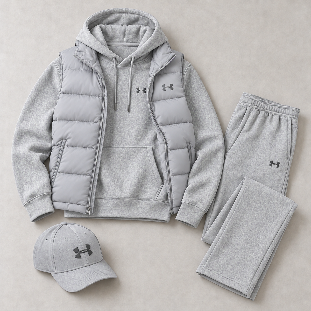 Men's Puffer Vest, Hoodie, Straight-Leg Sweatpants & Cap 4-Piece Winter Outfit Set