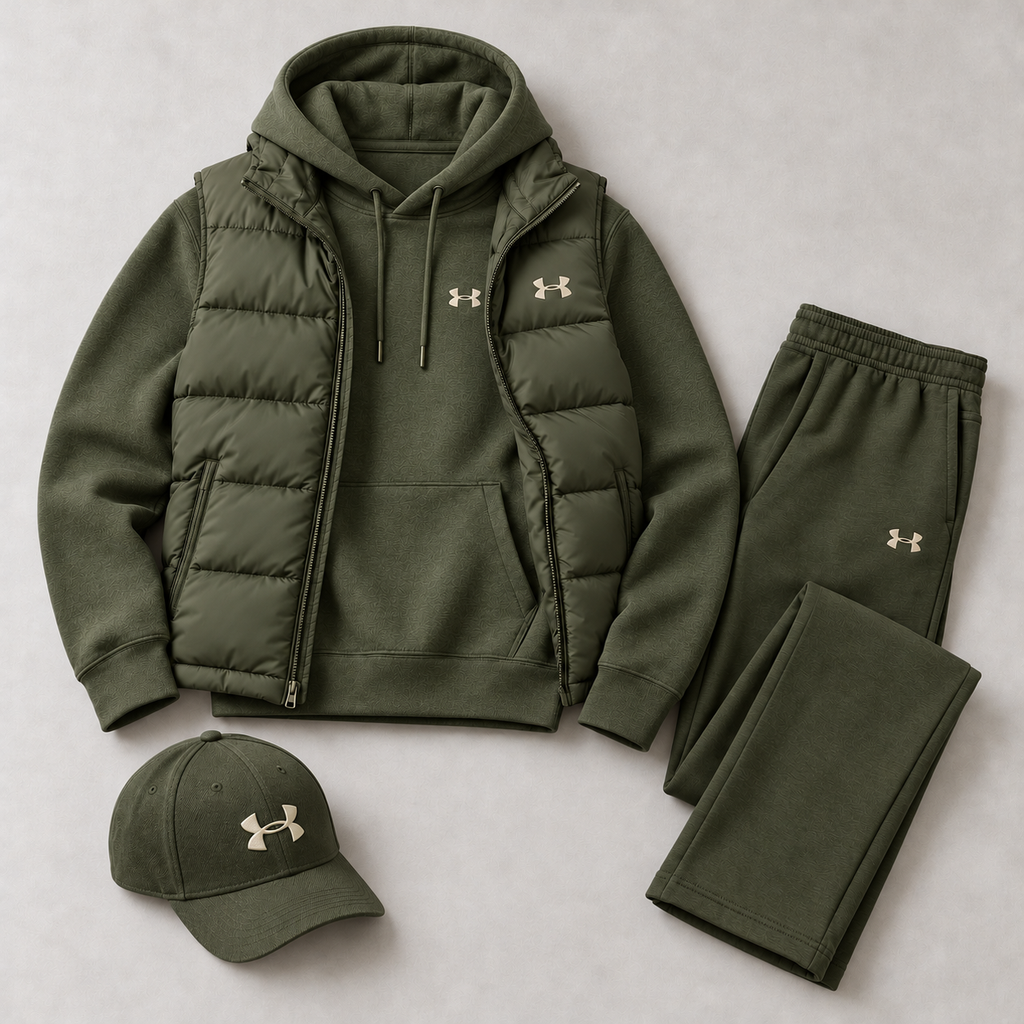 Men's Puffer Vest, Hoodie, Straight-Leg Sweatpants & Cap 4-Piece Winter Outfit Set