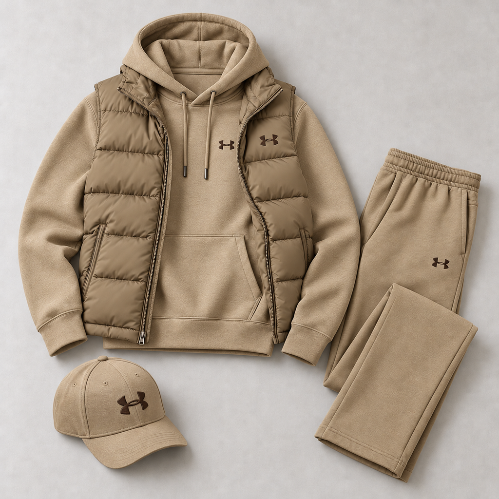 Men's Puffer Vest, Hoodie, Straight-Leg Sweatpants & Cap 4-Piece Winter Outfit Set