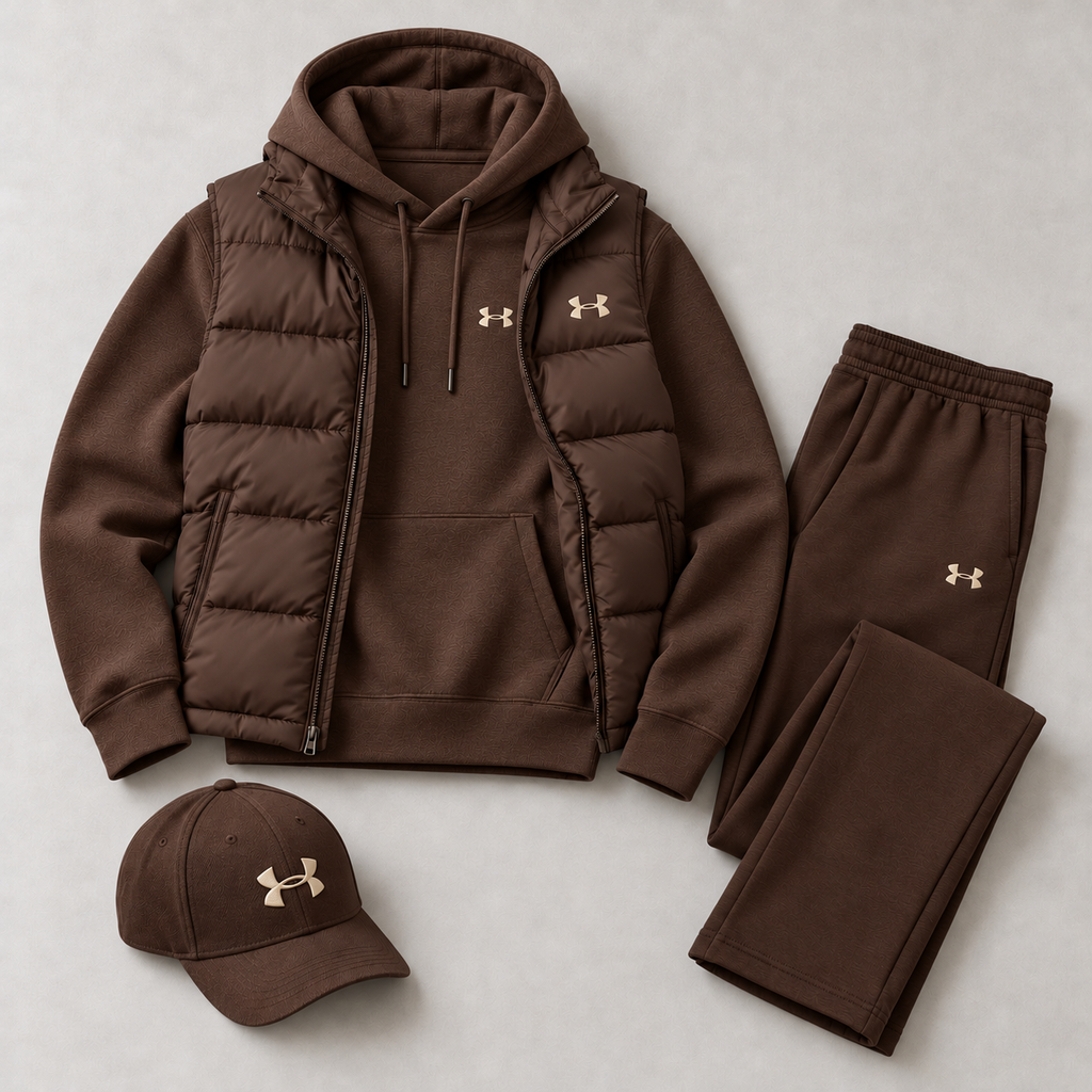 Men's Puffer Vest, Hoodie, Straight-Leg Sweatpants & Cap 4-Piece Winter Outfit Set