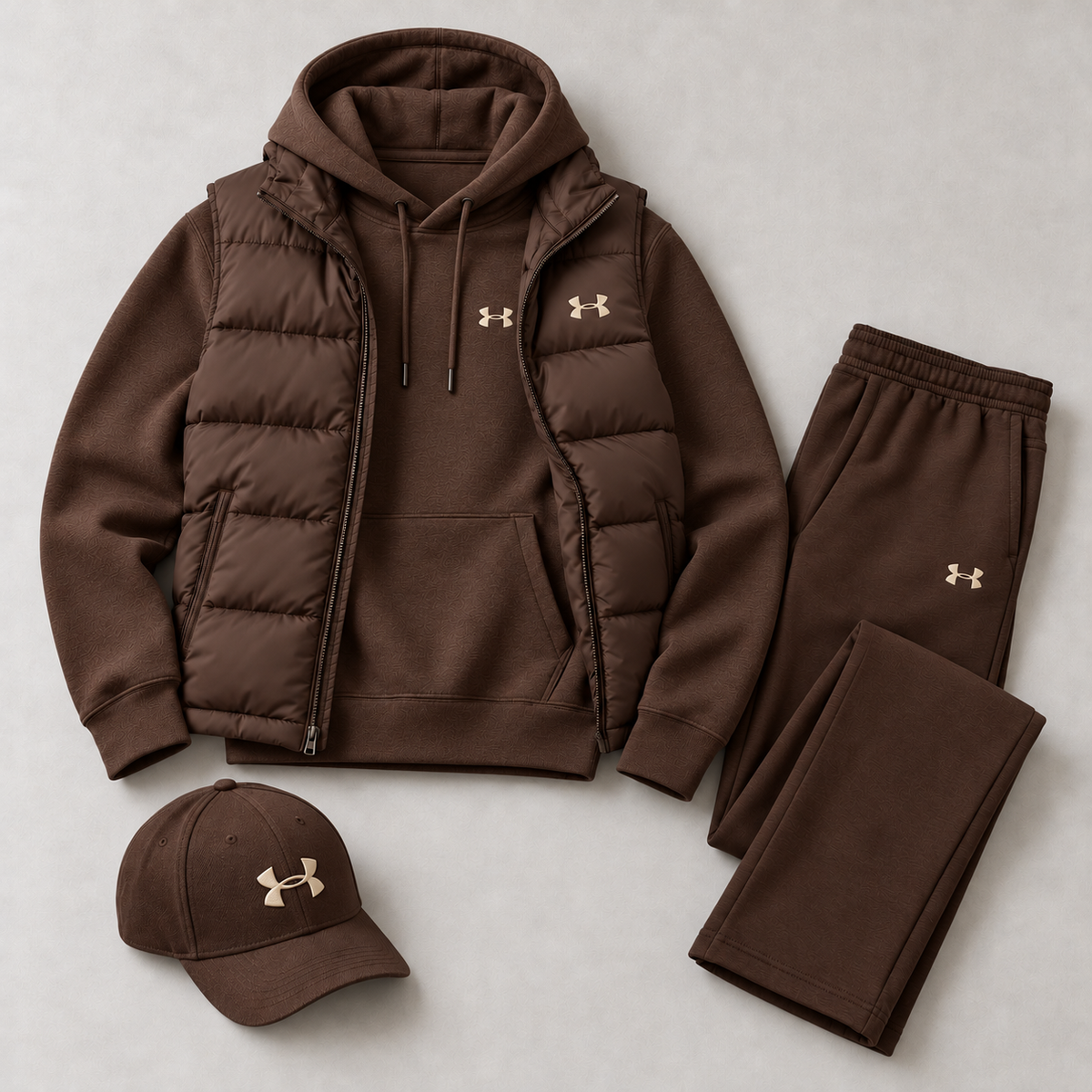 Men's Puffer Vest, Hoodie, Straight-Leg Sweatpants & Cap 4-Piece Winter Outfit Set