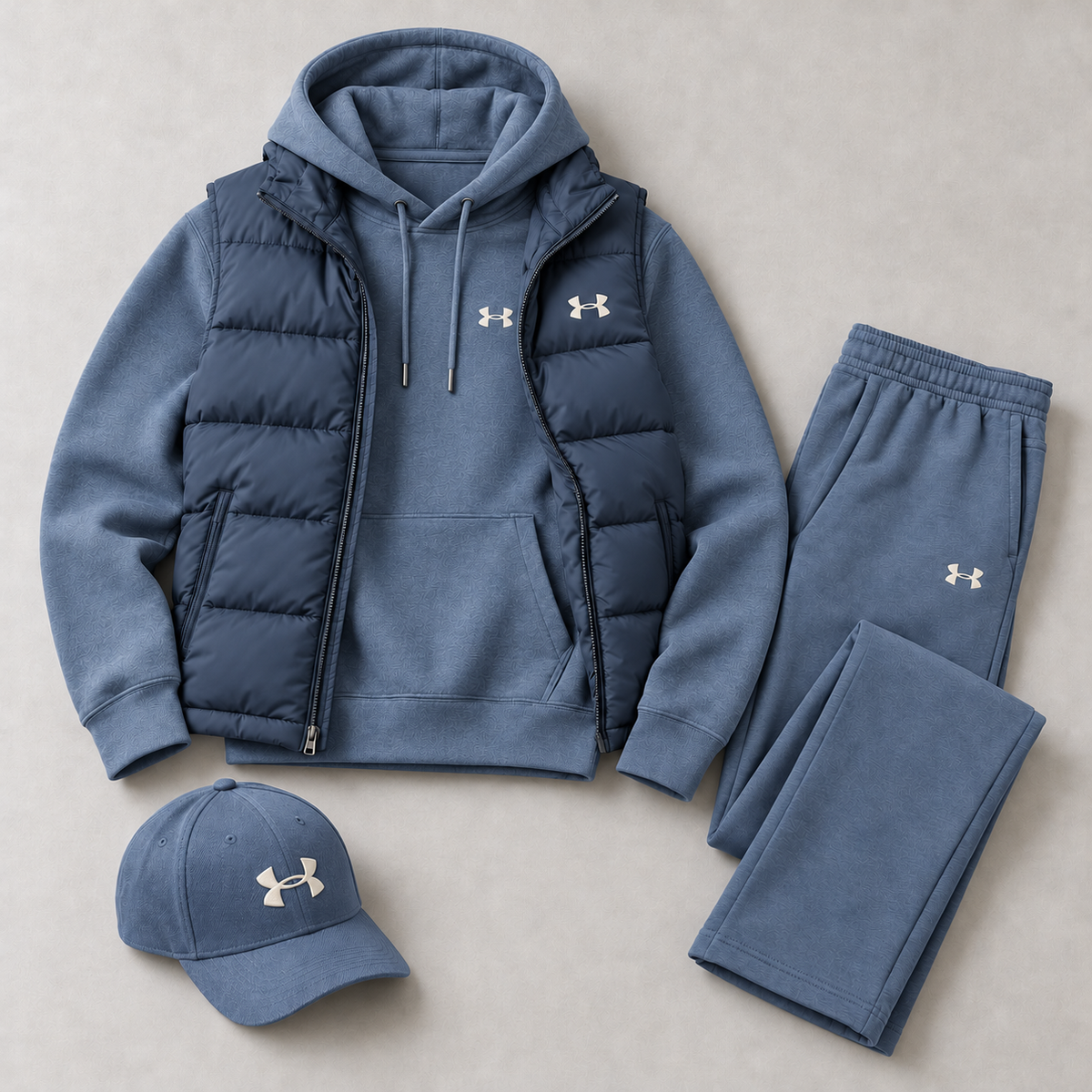 Men's Puffer Vest, Hoodie, Straight-Leg Sweatpants & Cap 4-Piece Winter Outfit Set