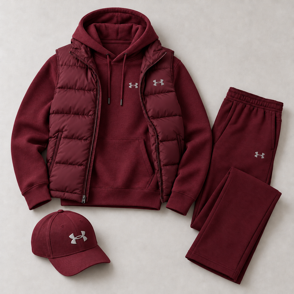 Men's Puffer Vest, Hoodie, Straight-Leg Sweatpants & Cap 4-Piece Winter Outfit Set