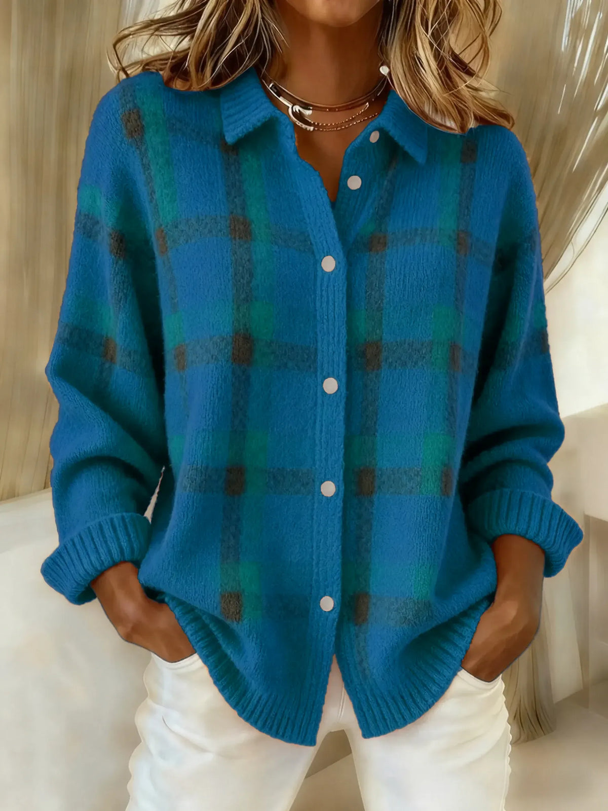 Women's Casual Contrast Color Autumn And Winter Retro Plaid Print Buttoned Cardigan Sweater