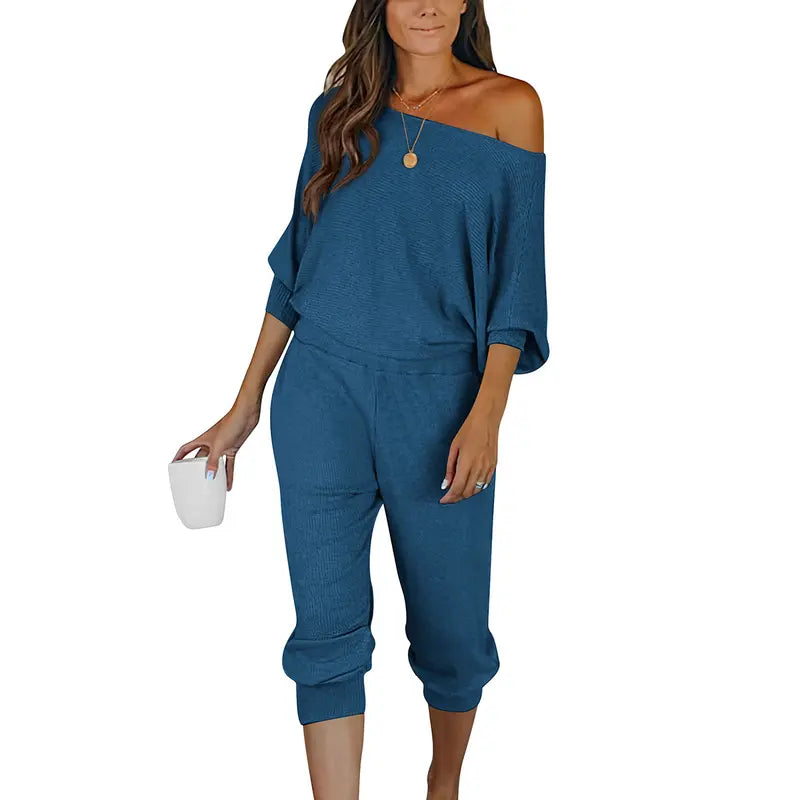 Women's 2-Piece Set Off Shoulder Ribbed Tracksuit Long Sleeves