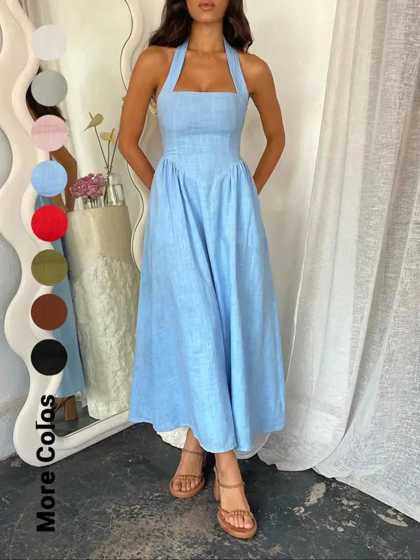 Women's Plain Pocket Zipper Back Dress