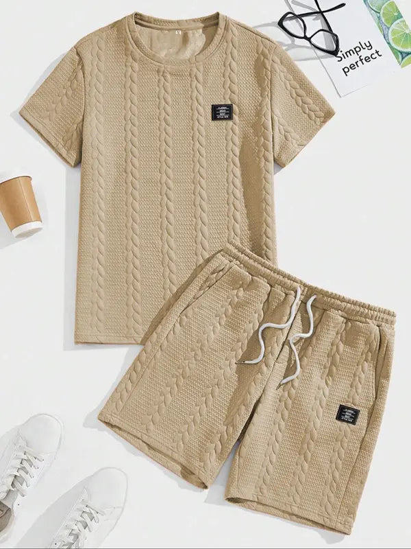 Men's Solid Textured Patched Tee & Drawstring Waist Shorts