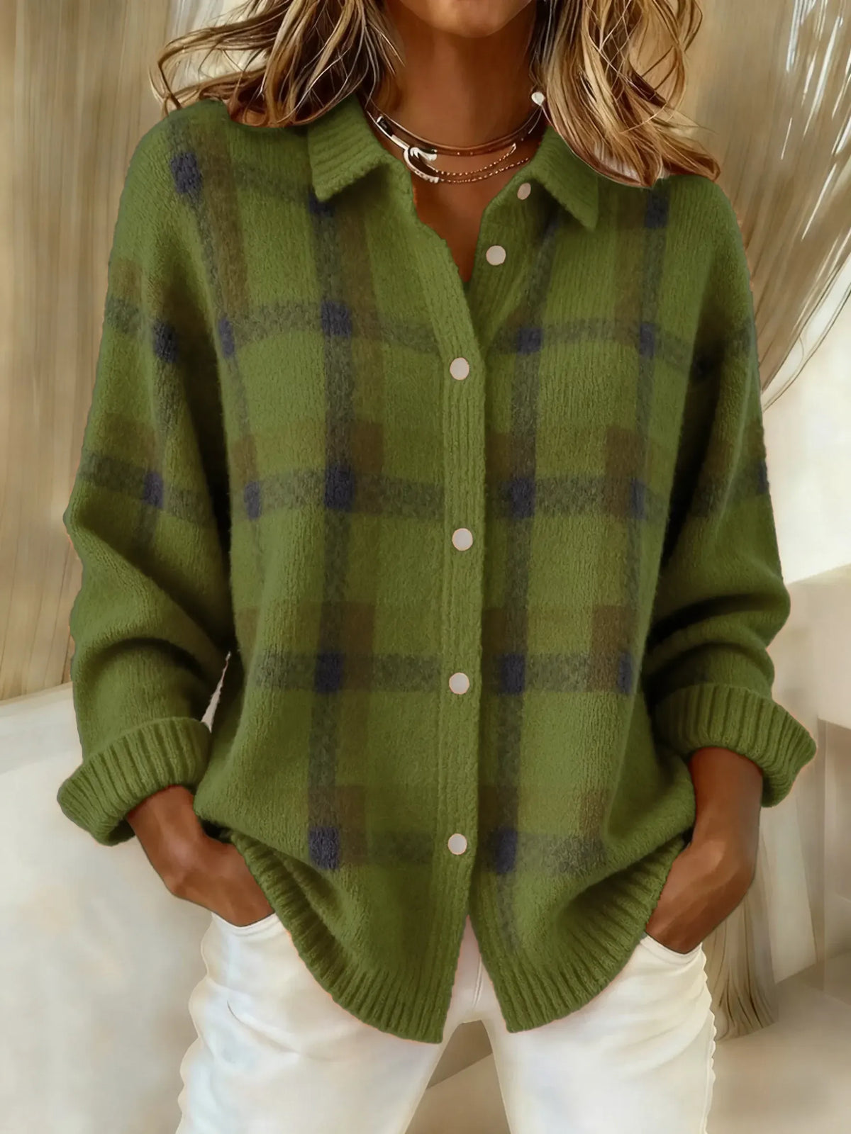 Women's Casual Contrast Color Autumn And Winter Retro Plaid Print Buttoned Cardigan Sweater