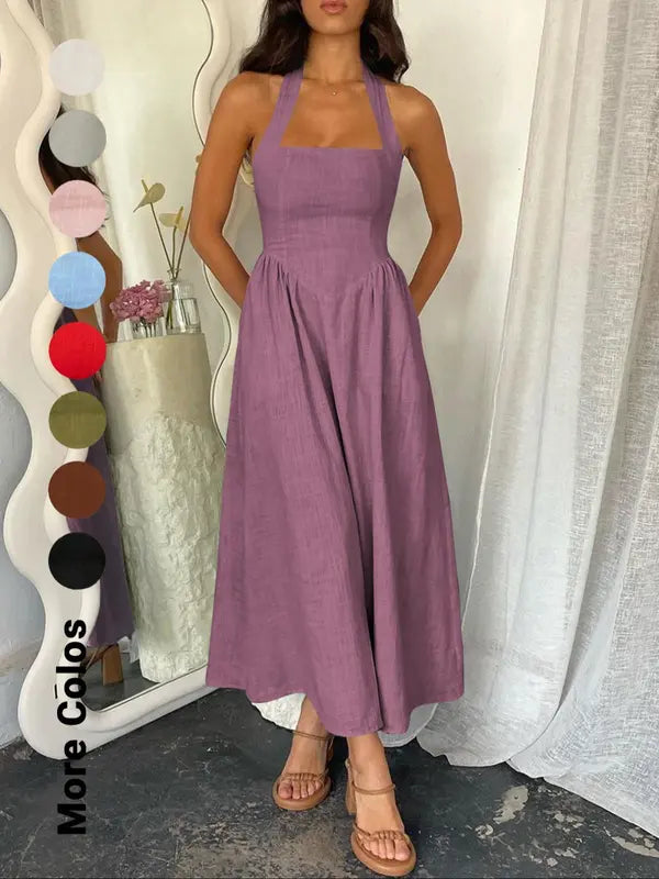 Women's Plain Pocket Zipper Back Dress