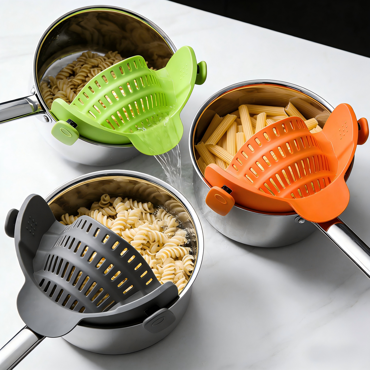 Silicone Clip-On Colander, Heat Resistant Drainer for Vegetables and Pasta Noodles, Kitchen Gadgets for Bowl, Pots, and Pans Utensils