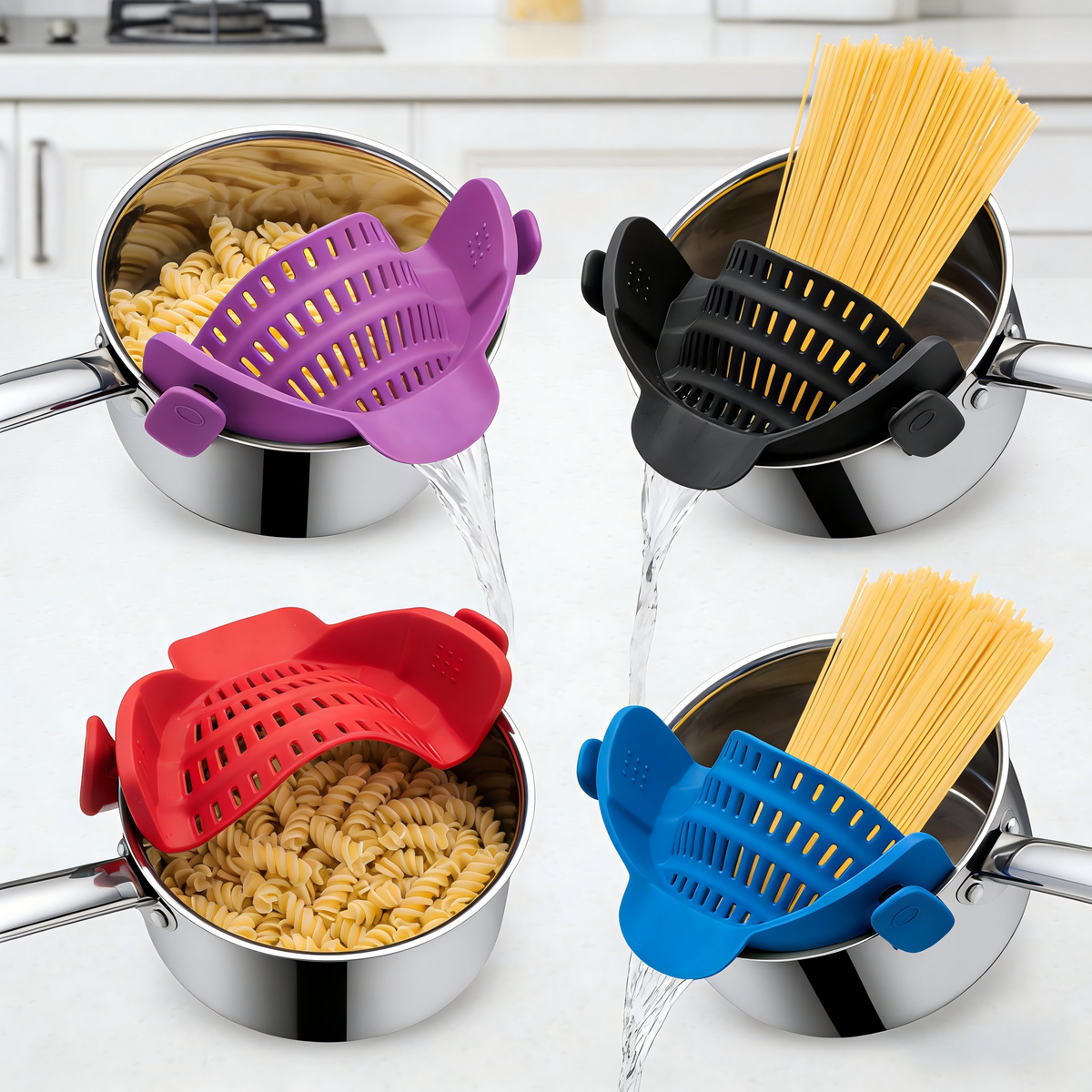 Silicone Clip-On Colander, Heat Resistant Drainer for Vegetables and Pasta Noodles, Kitchen Gadgets for Bowl, Pots, and Pans Utensils