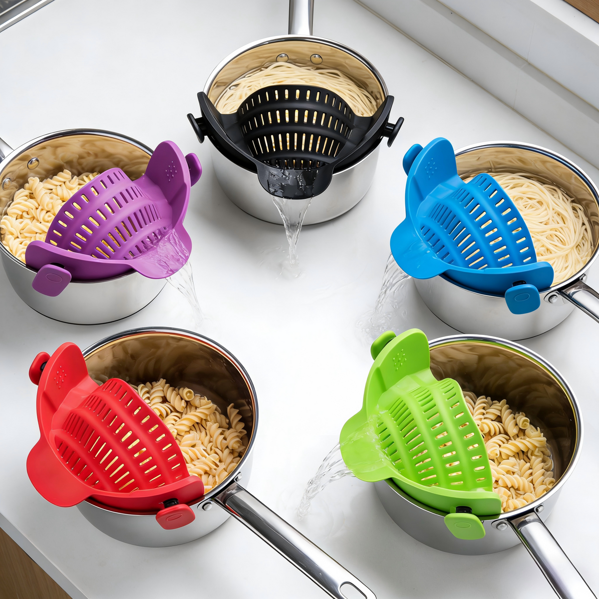 Silicone Clip-On Colander, Heat Resistant Drainer for Vegetables and Pasta Noodles, Kitchen Gadgets for Bowl, Pots, and Pans Utensils