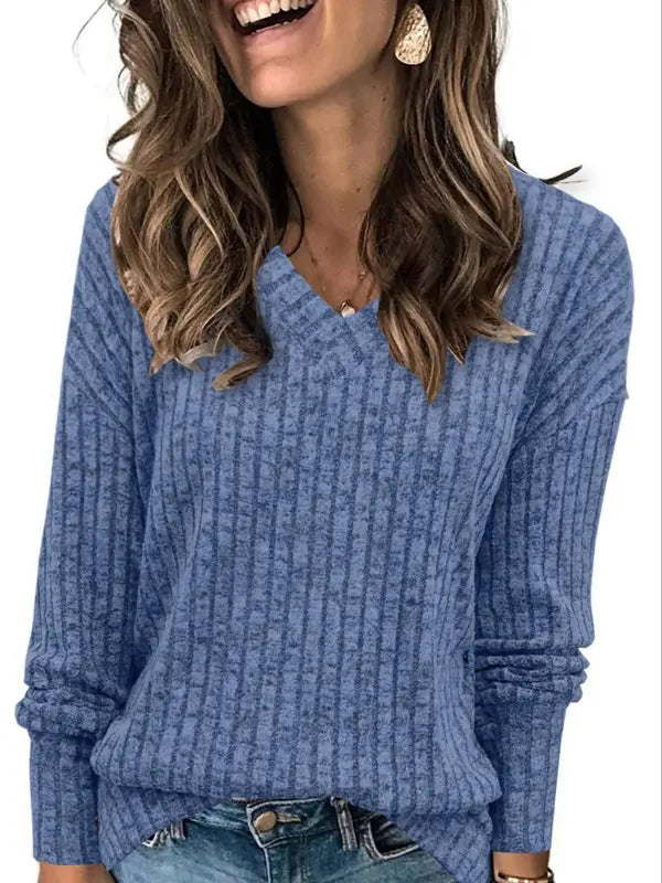 Women's Plain Drop Shoulder V Neck Tee Knitwea