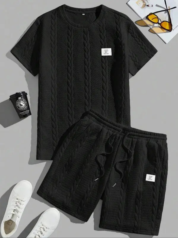 Men's Solid Textured Patched Tee & Drawstring Waist Shorts