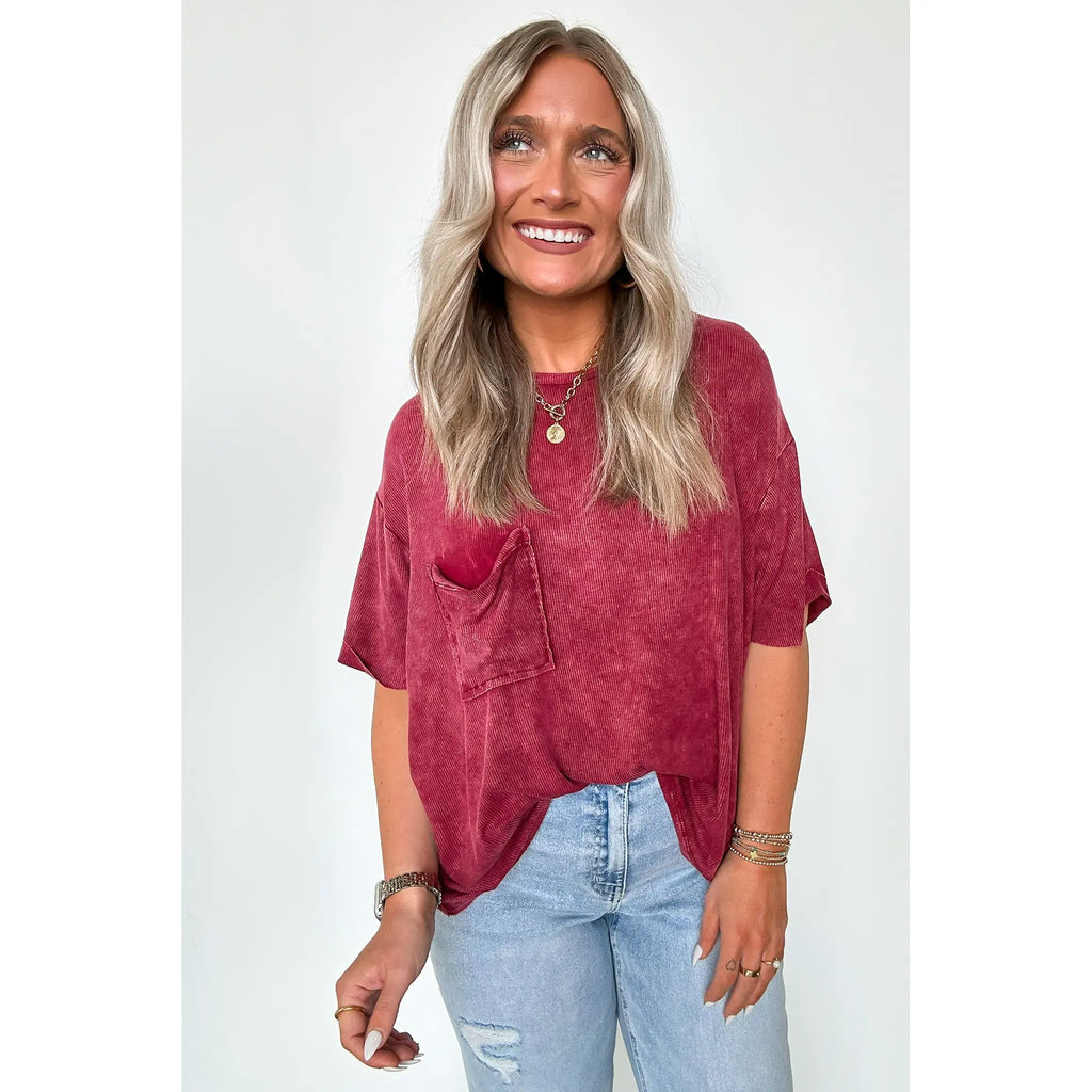 Rylee Mineral Wash Ribbed Relaxed Pocket Top - BACK IN STOCK