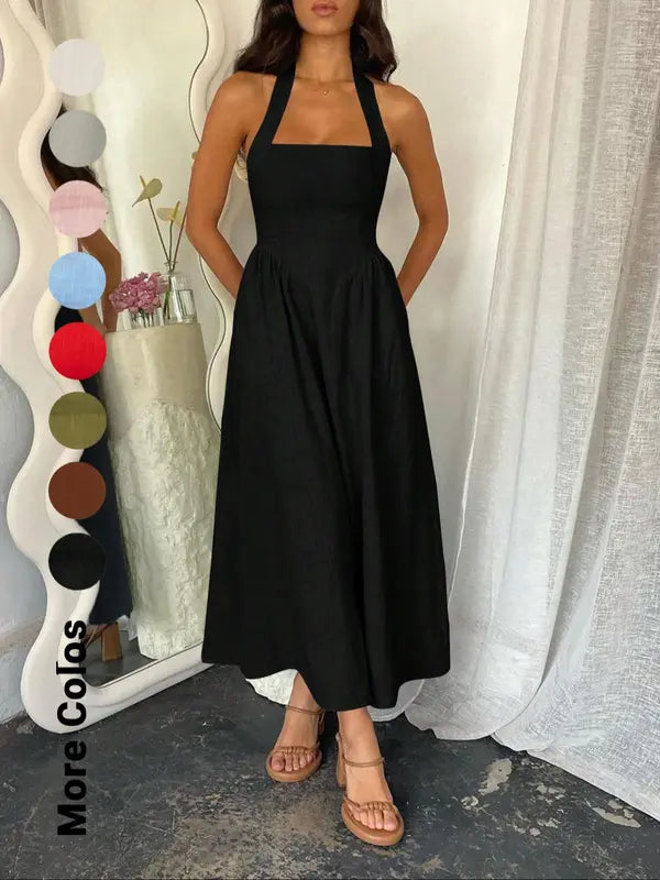 Women's Plain Pocket Zipper Back Dress