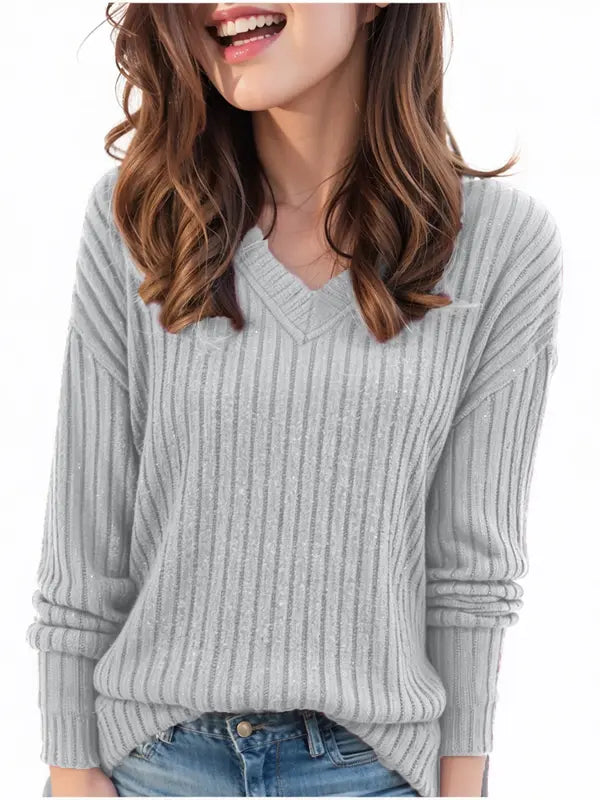 Women's Plain Drop Shoulder V Neck Tee Knitwea