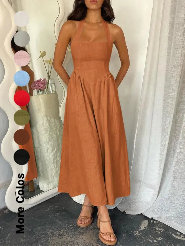 Women's Plain Pocket Zipper Back Dress