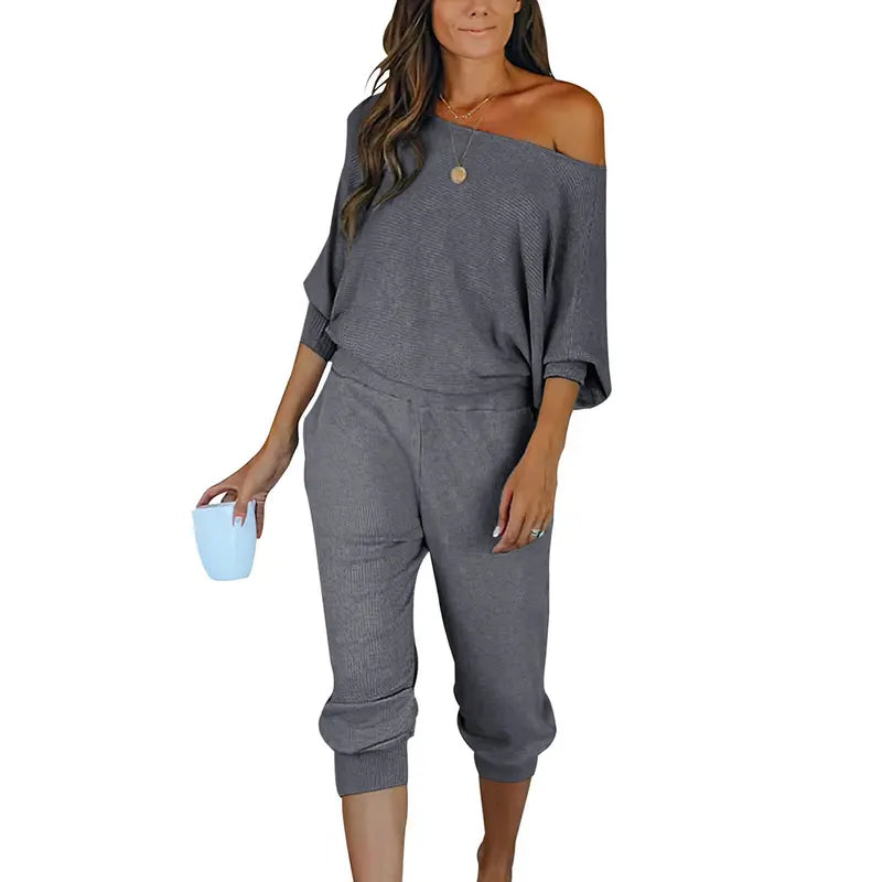 Women's 2-Piece Set Off Shoulder Ribbed Tracksuit Long Sleeves