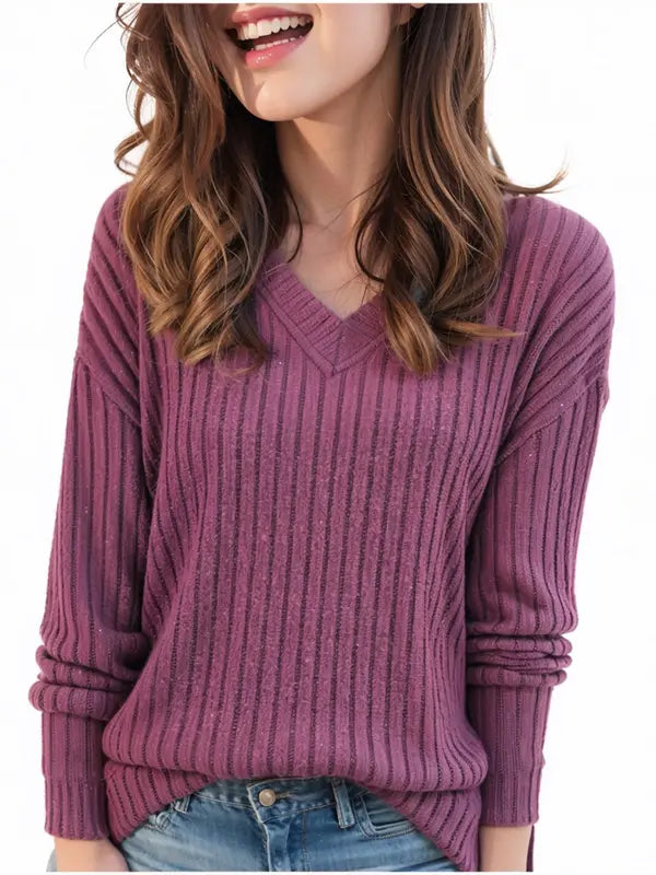 Women's Plain Drop Shoulder V Neck Tee Knitwea