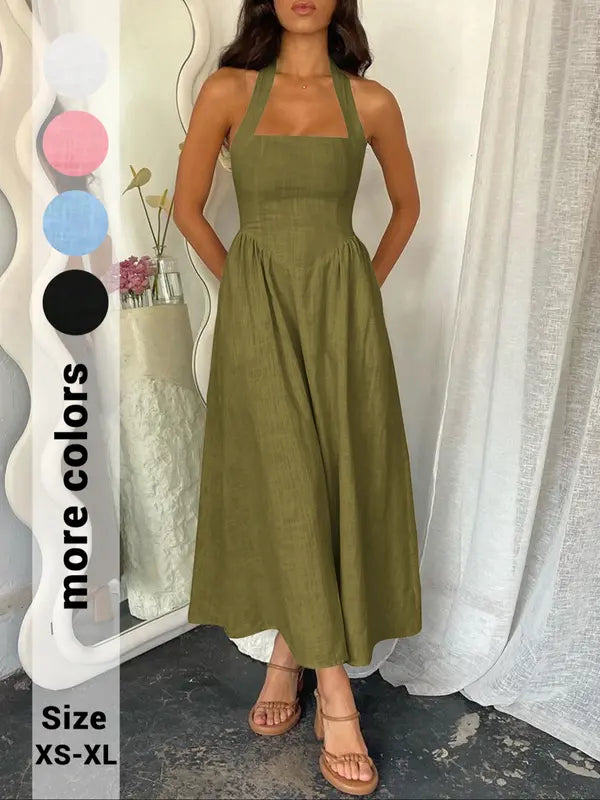 Women's Plain Pocket Zipper Back Dress