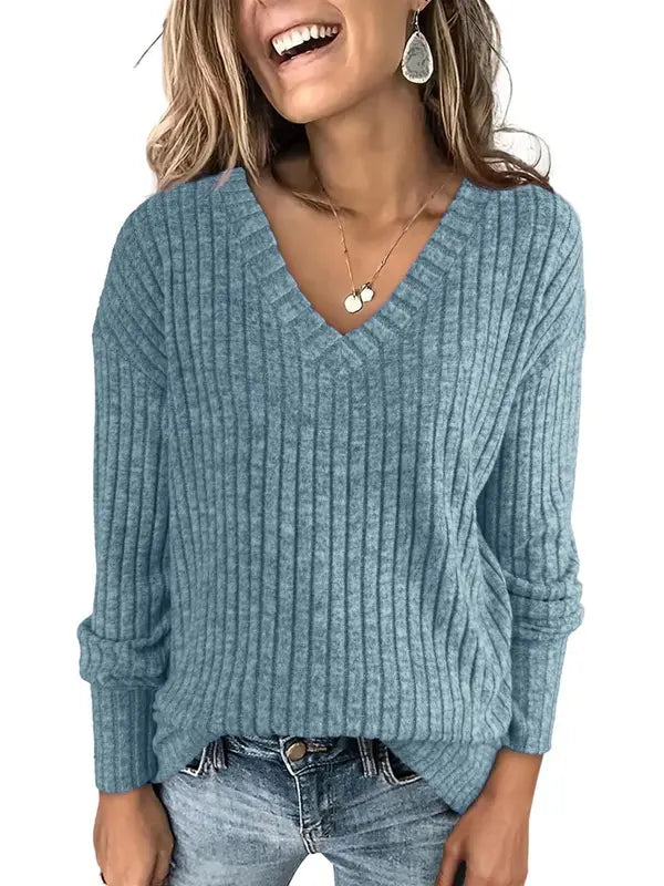 Women's Plain Drop Shoulder V Neck Tee Knitwea