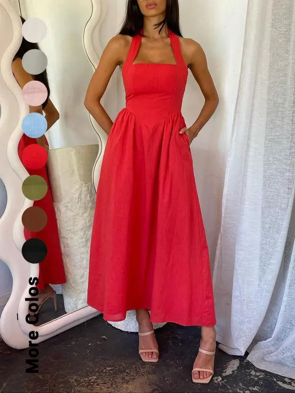Women's Plain Pocket Zipper Back Dress