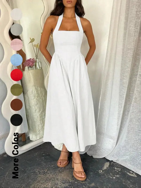 Women's Plain Pocket Zipper Back Dress