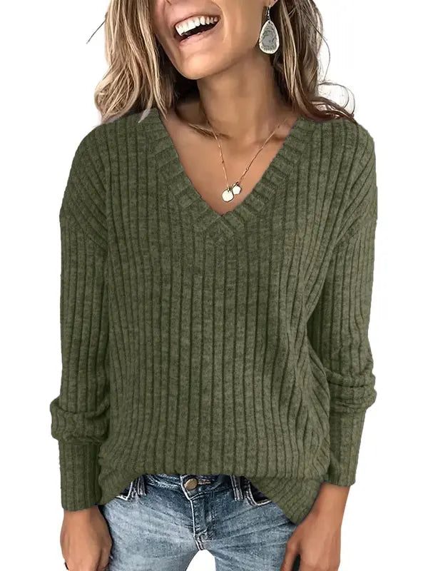 Women's Plain Drop Shoulder V Neck Tee Knitwea